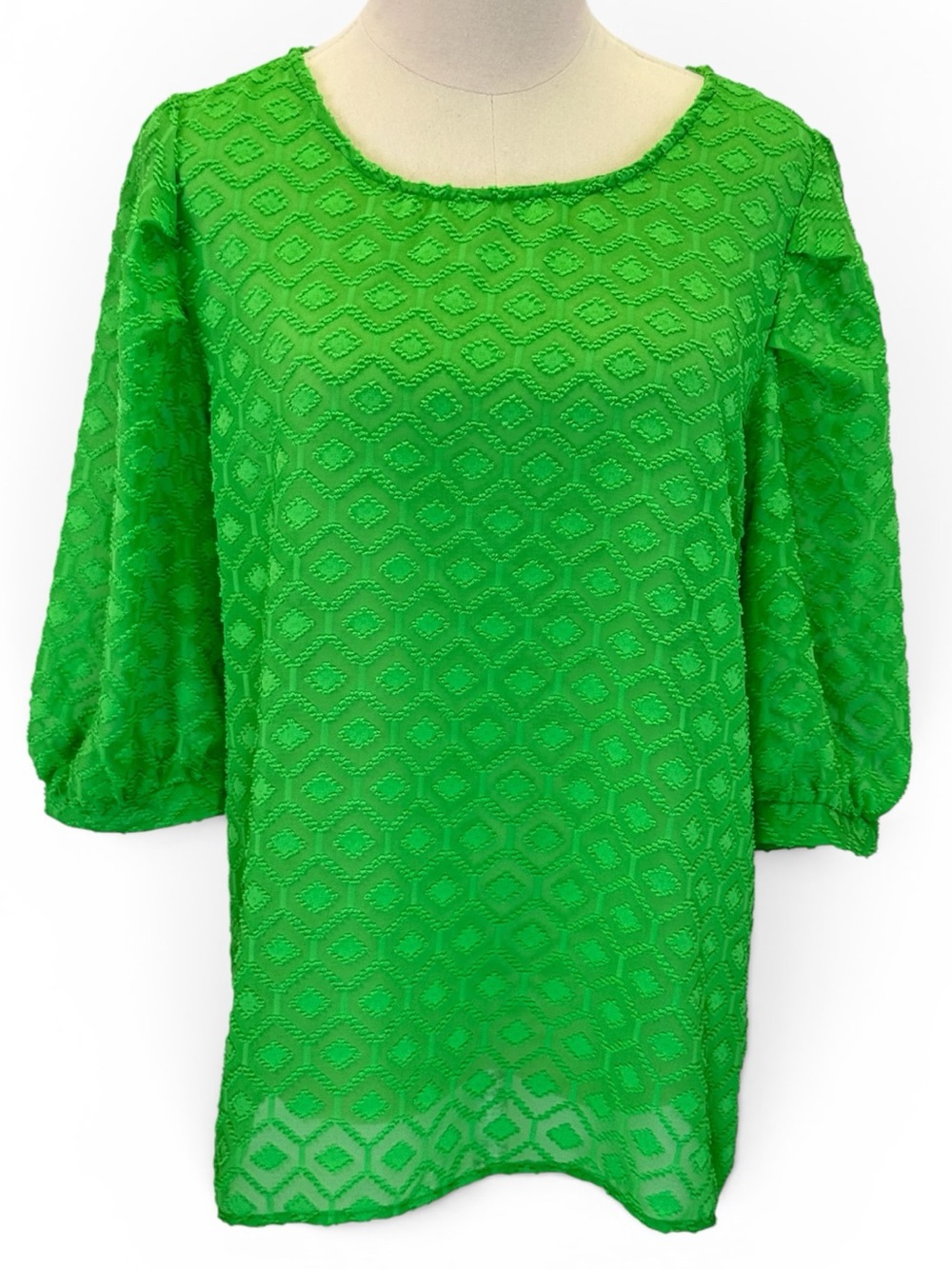 Umgee Womens Geometric Textured Jacquard Balloon Sleeve Tunic Blouse Top Green M